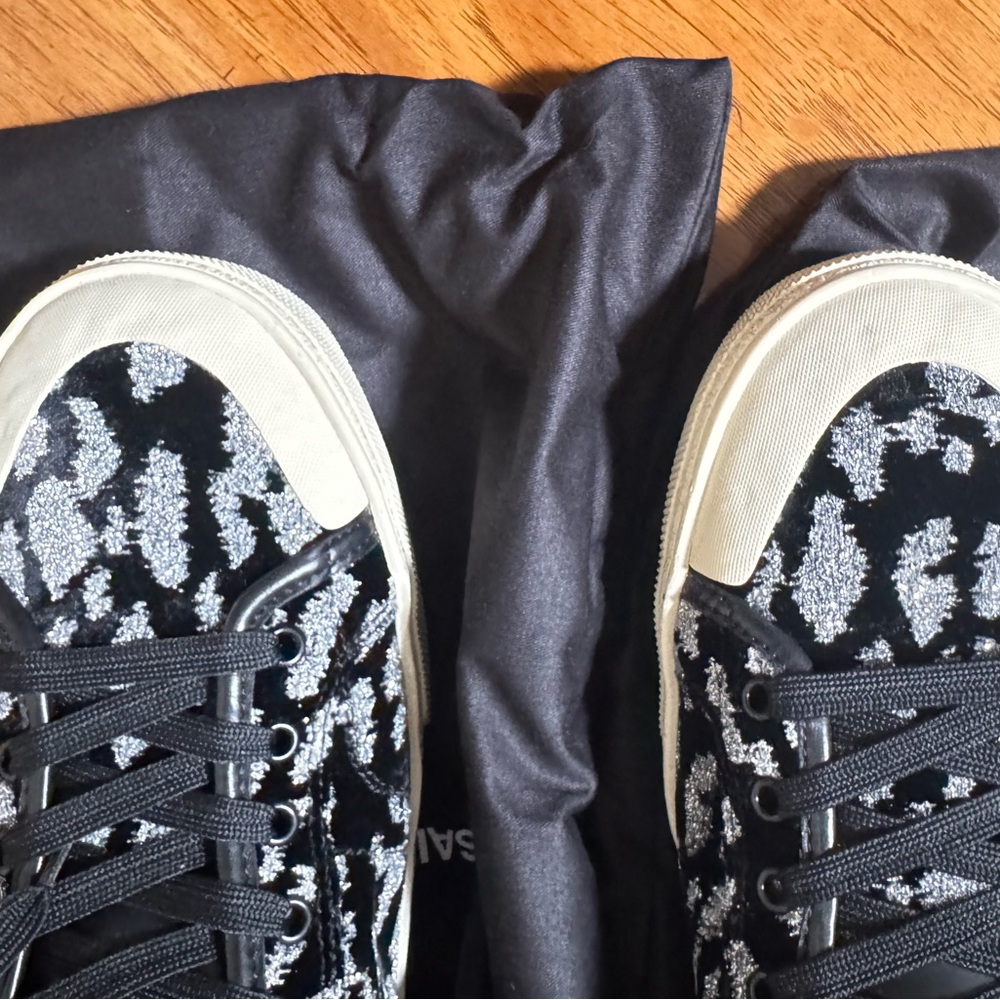SAINT LAURENT Black Velvet & Silver Glitter Leopard Print High Tops Size 44.5 - Picture 9 of 9